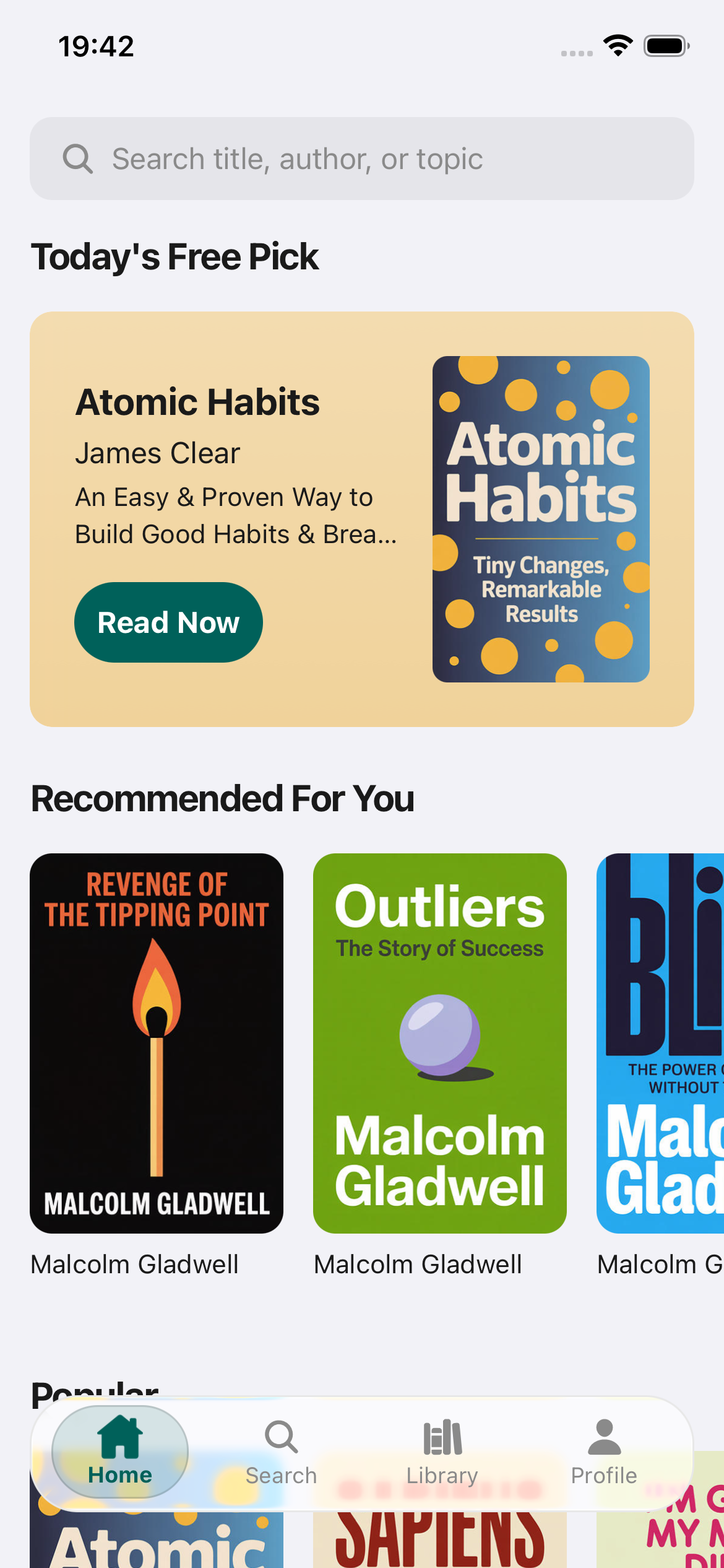 Readsome home screen showing today's free pick and recommended books